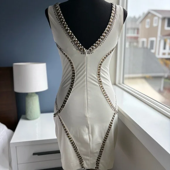 Bebe Cream Bodycon Sleeveless Mini Dress with Gold Studs & Sequins - Sexy Party - Picture 8 of 16